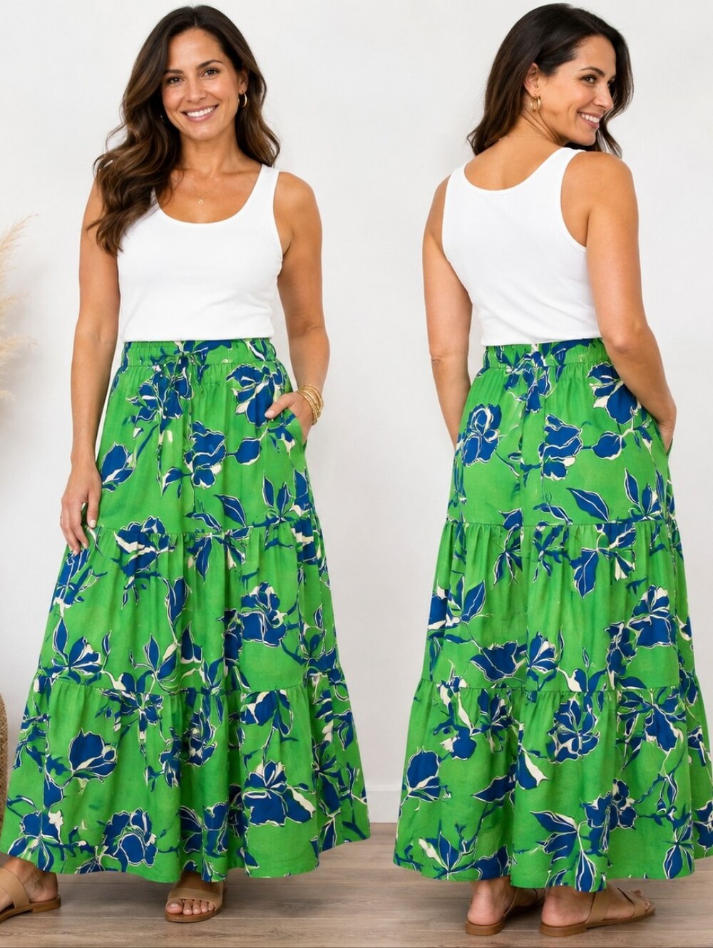 The General Good Chloe Floral Maxi Skirt Green Blue Size L NWT Resortcore Tropic
